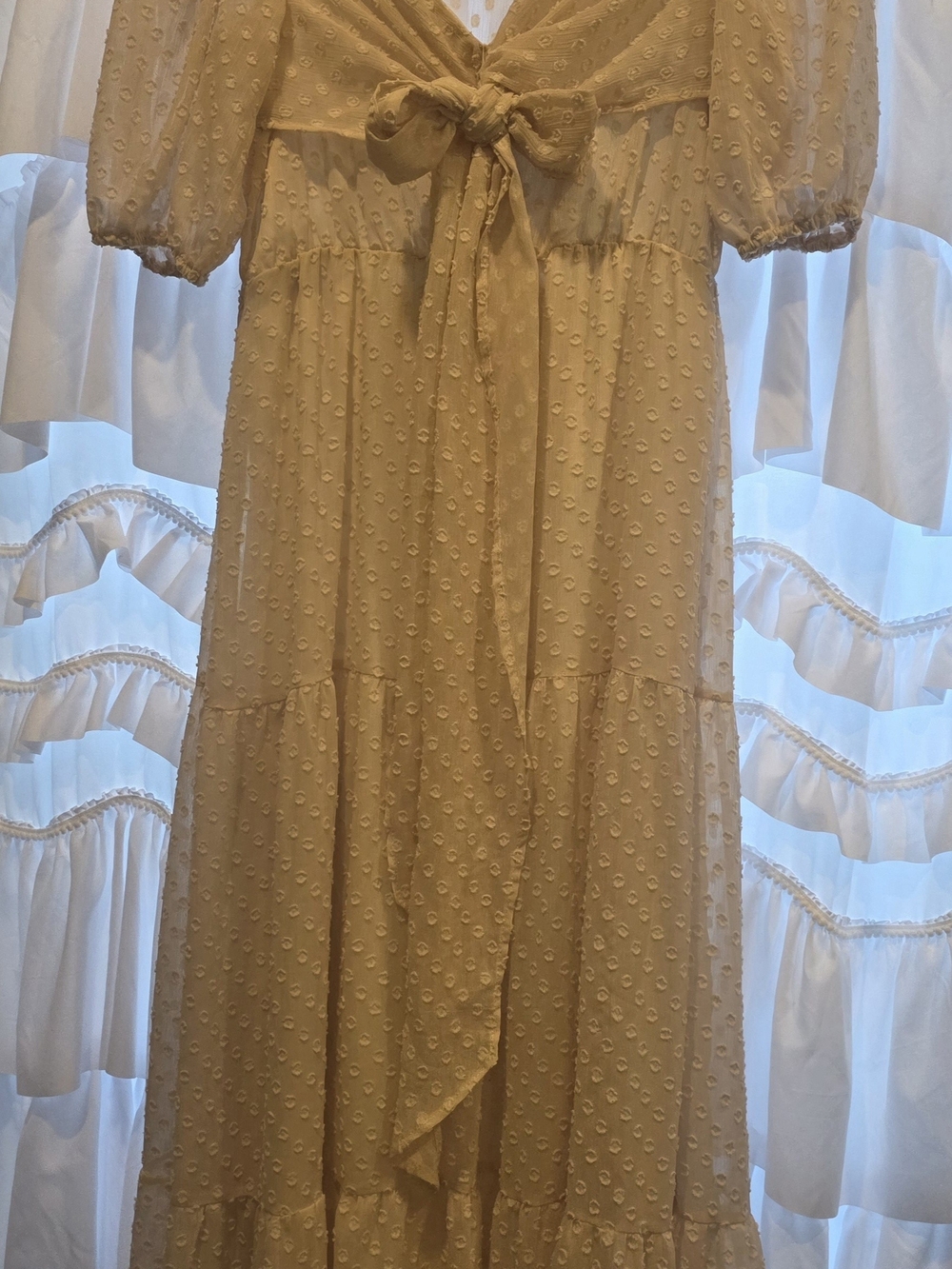 Swiss Dot Tie-Front Maxi Dress in Soft Cream